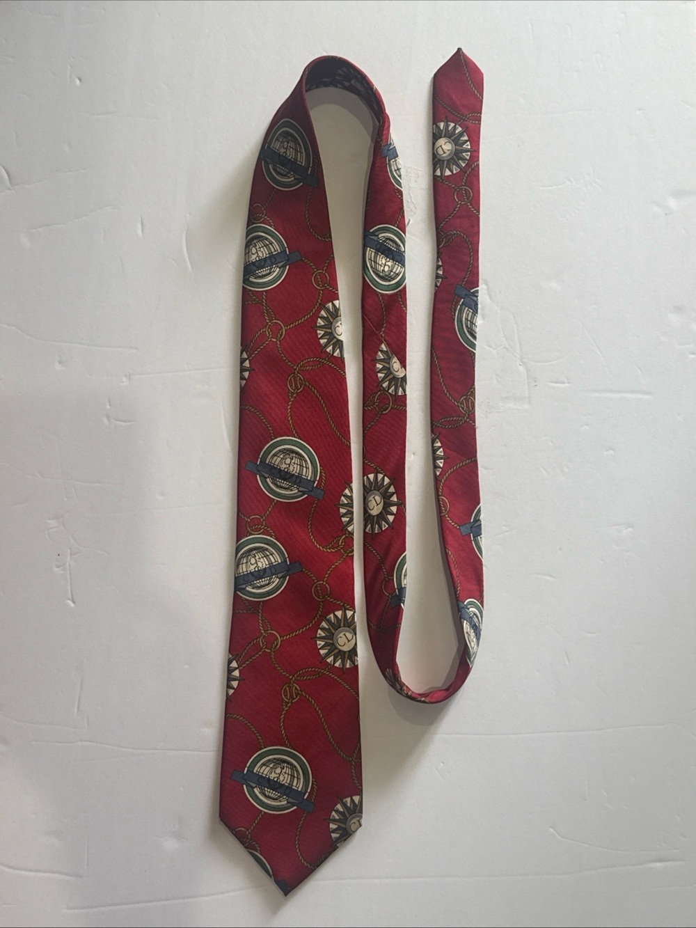 Christian Dior Monsieur Red Silk Tie with Nautical Design Made In USA 58"
